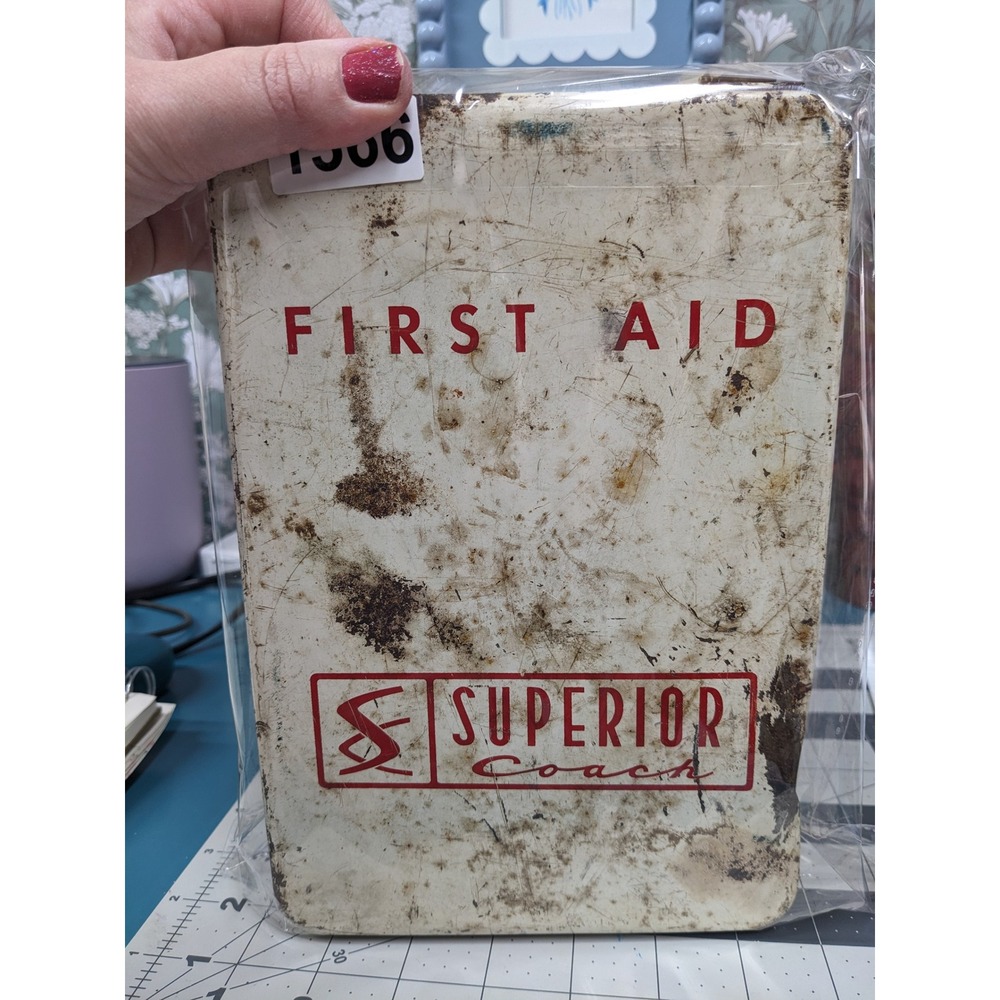 Full Vintage Superior Coach Metal First Aid Kit Box White Red Industrial Patina